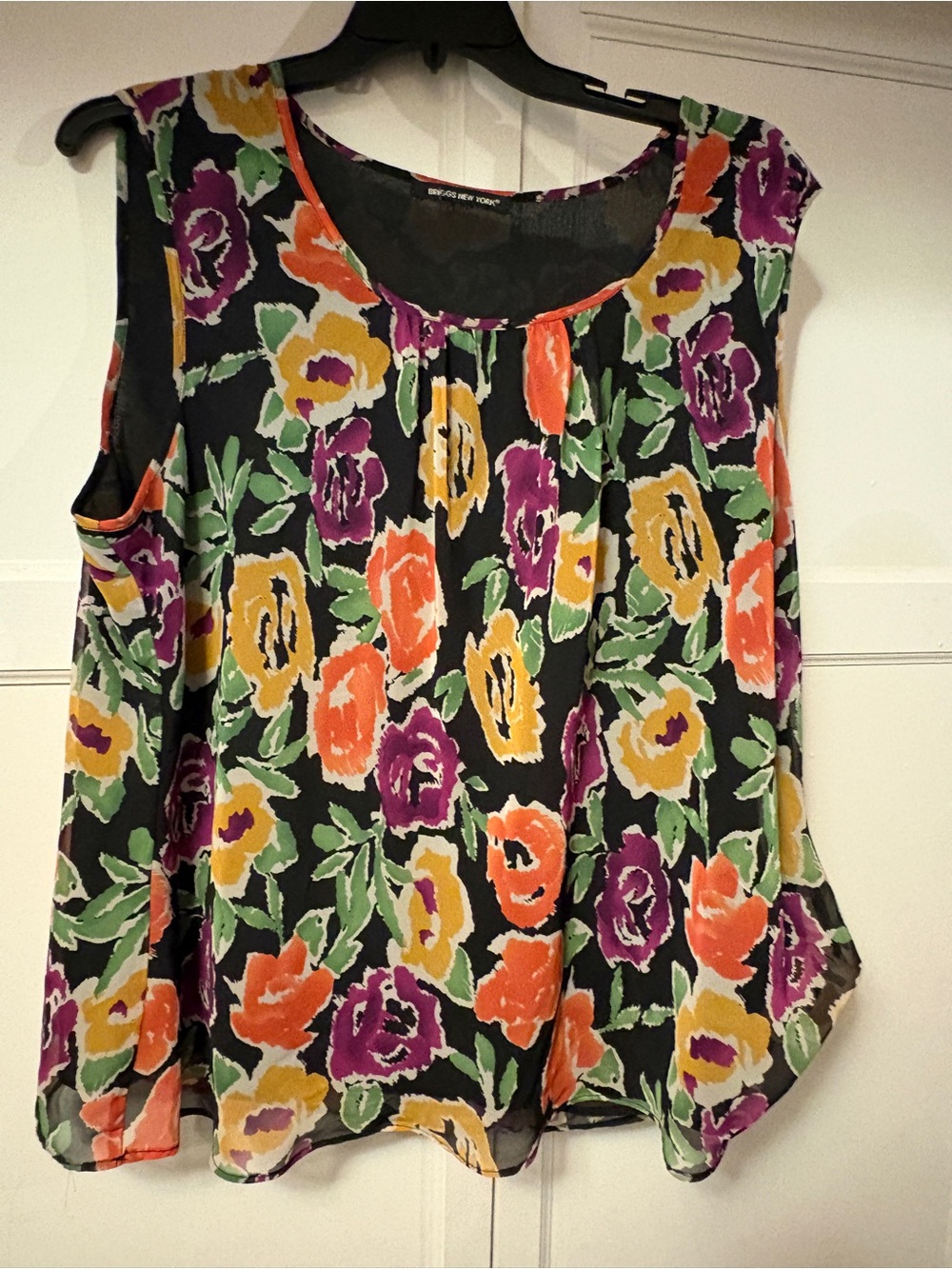 Sleeveless Floral Chiffon Blouse - Black with Orange, Purple & Yellow Flowers